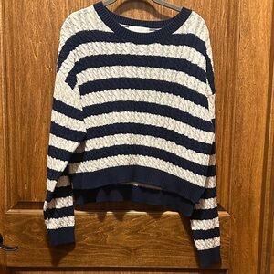 Navy and White Striped Women's Crew Neck Sweater